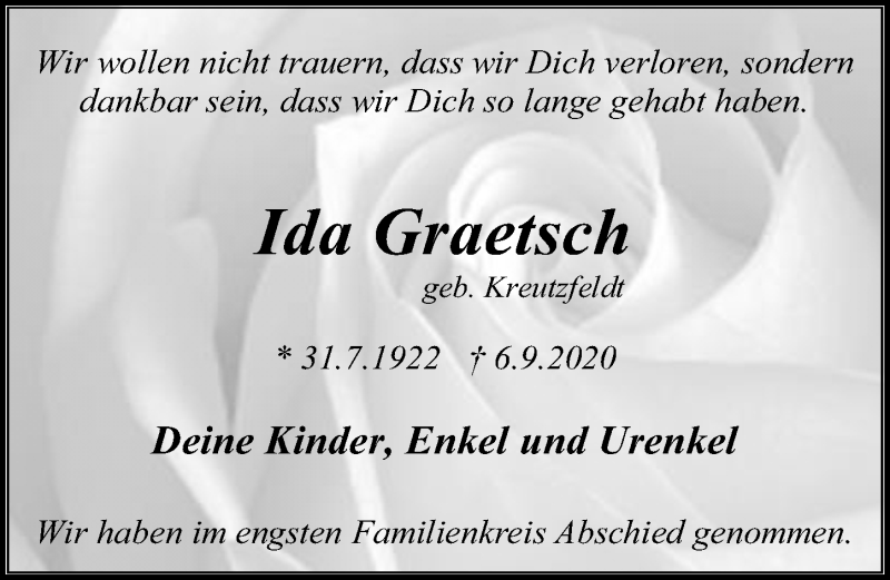  Traueranzeige für Ida Graetsch vom 12.09.2020 aus Lübecker Nachrichten