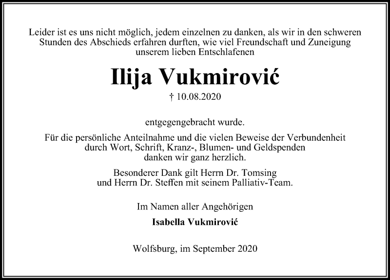  Traueranzeige für Ilija Vukmirovic vom 05.09.2020 aus Aller Zeitung