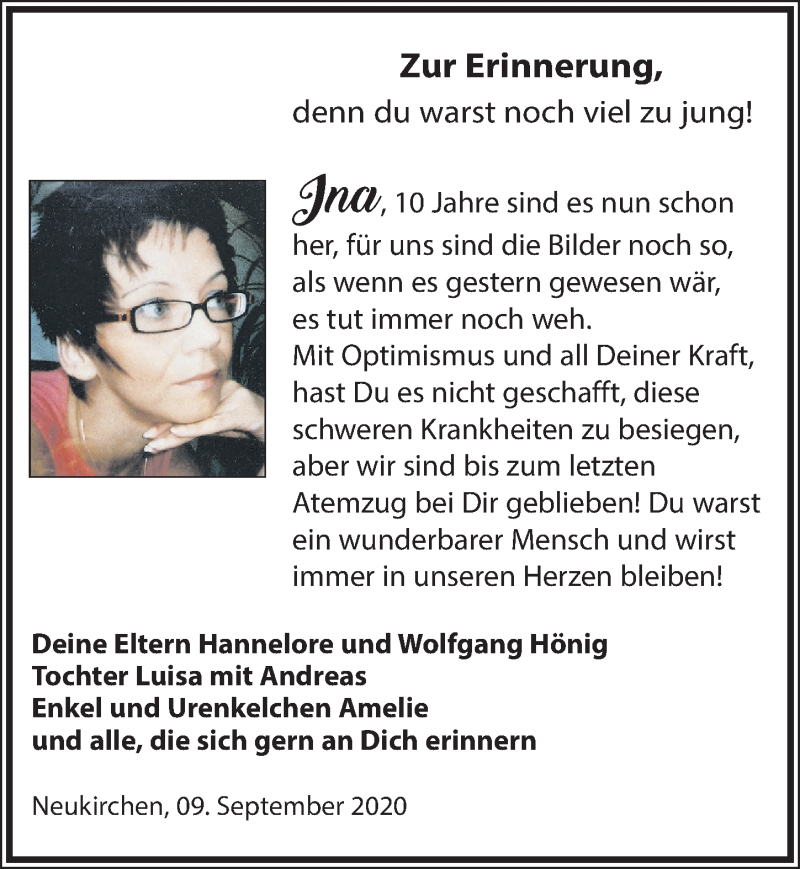  Traueranzeige für Ina  vom 12.09.2020 aus Leipziger Volkszeitung