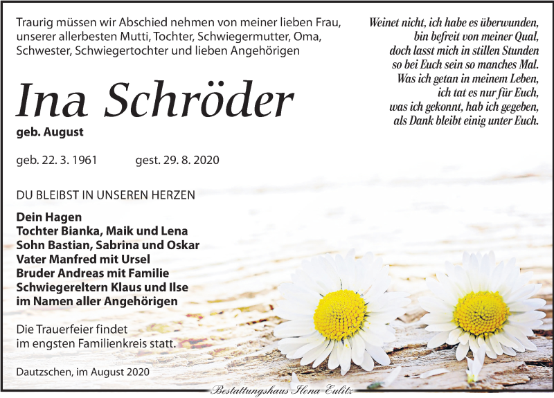  Traueranzeige für Ina Schröder vom 05.09.2020 aus Torgauer Zeitung