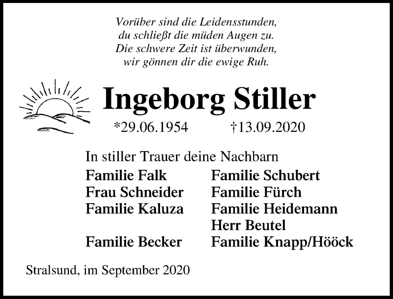  Traueranzeige für Ingeborg Stiller vom 19.09.2020 aus Ostsee-Zeitung GmbH