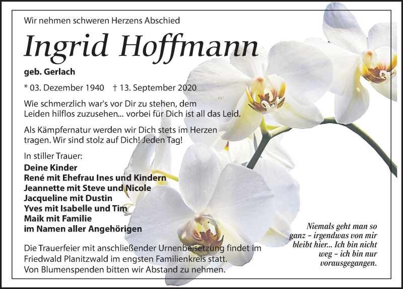  Traueranzeige für Ingrid Hoffmann vom 26.09.2020 aus Leipziger Volkszeitung