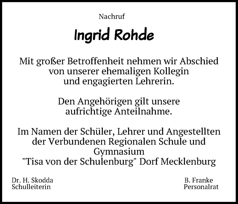  Traueranzeige für Ingrid Rohde vom 19.09.2020 aus Ostsee-Zeitung GmbH