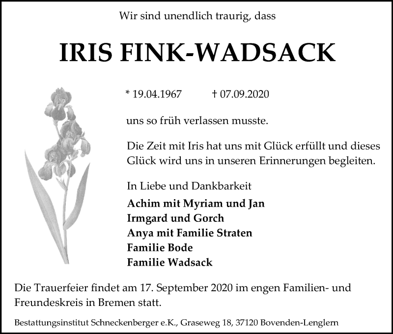  Traueranzeige für Iris Fink-Wadsack vom 12.09.2020 aus Göttinger Tageblatt