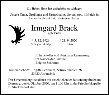 Traueranzeige von Irmgard Brack von Lübecker Nachrichten