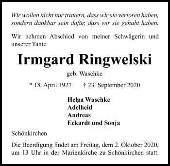 Traueranzeige von Irmgard Ringwelski von Kieler Nachrichten