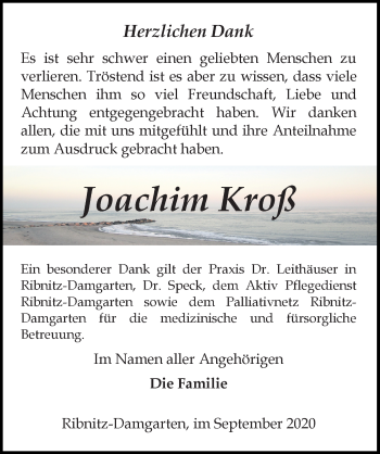 Traueranzeige von Joachim Kroß von Ostsee-Zeitung GmbH