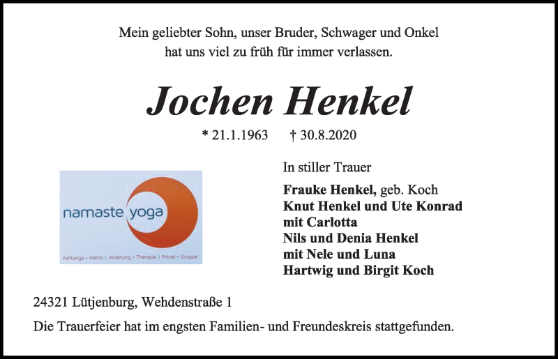  Traueranzeige für Jochen Henkel vom 12.09.2020 aus Kieler Nachrichten