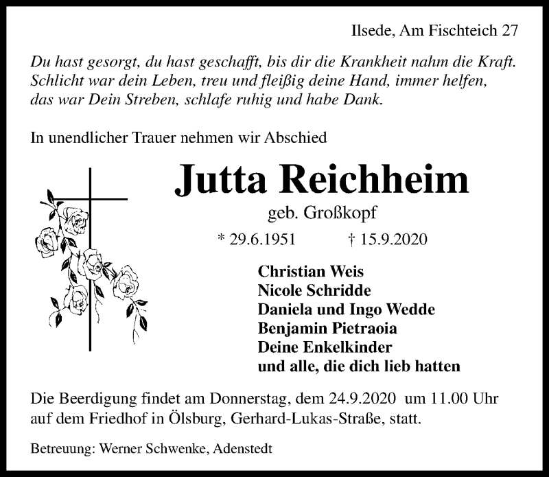  Traueranzeige für Jutta Reichheim vom 23.09.2020 aus Peiner Allgemeine Zeitung