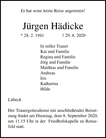 Traueranzeige von Jürgen Hädicke von Lübecker Nachrichten