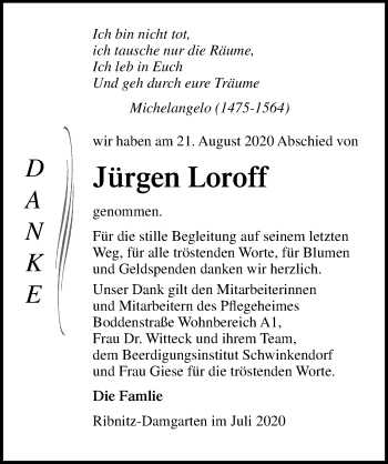 Traueranzeige von Jürgen Loroff von Ostsee-Zeitung GmbH