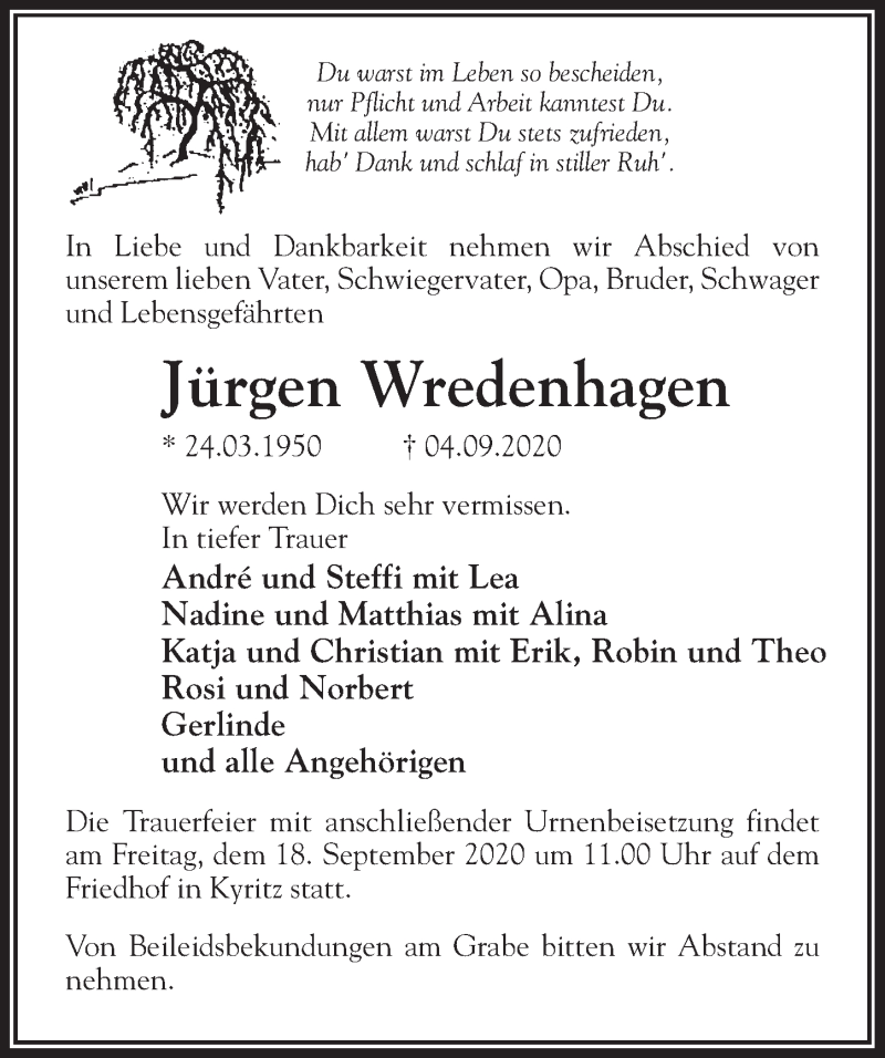  Traueranzeige für Jürgen Wredenhagen vom 12.09.2020 aus Märkischen Allgemeine Zeitung