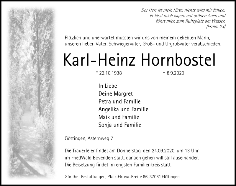  Traueranzeige für Karl Heinz Hornbostel vom 19.09.2020 aus Göttinger Tageblatt