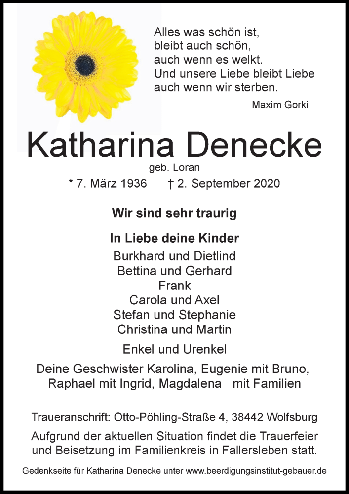  Traueranzeige für Katharina Denecke vom 11.09.2020 aus Aller Zeitung