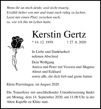 Traueranzeige von Kerstin Gertz von Ostsee-Zeitung GmbH