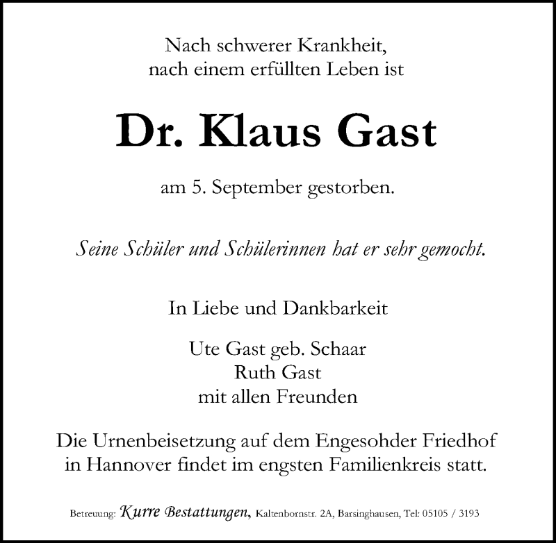  Traueranzeige für Klaus Gast vom 12.09.2020 aus Hannoversche Allgemeine Zeitung/Neue Presse