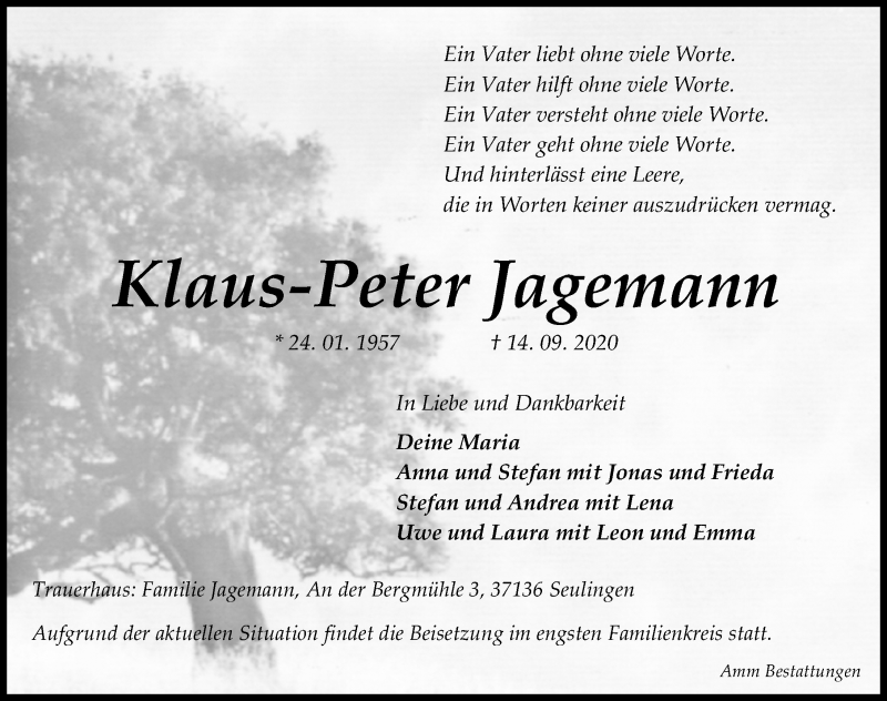  Traueranzeige für Klaus-Peter Jagemann vom 24.09.2020 aus Eichsfelder Tageblatt