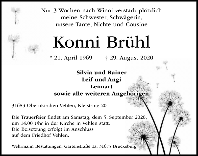  Traueranzeige für Konni Brühl vom 03.09.2020 aus Schaumburger Nachrichten