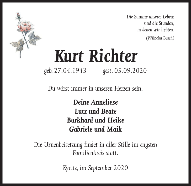  Traueranzeige für Kurt Richter vom 12.09.2020 aus Märkischen Allgemeine Zeitung