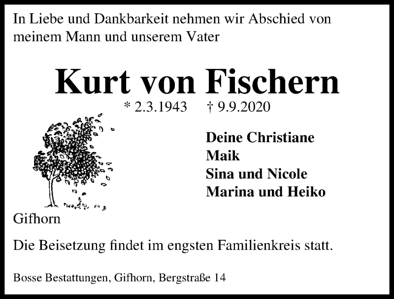  Traueranzeige für Kurt von Fischern vom 12.09.2020 aus Aller Zeitung