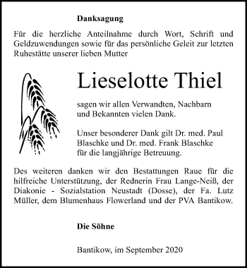 Traueranzeige von Lieselotte Thiel