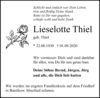 Traueranzeige von Lieselotte Thiel