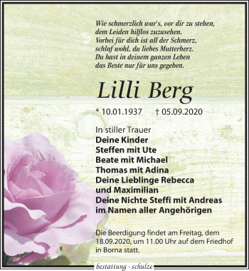 Traueranzeige von Lilli Berg von Leipziger Volkszeitung