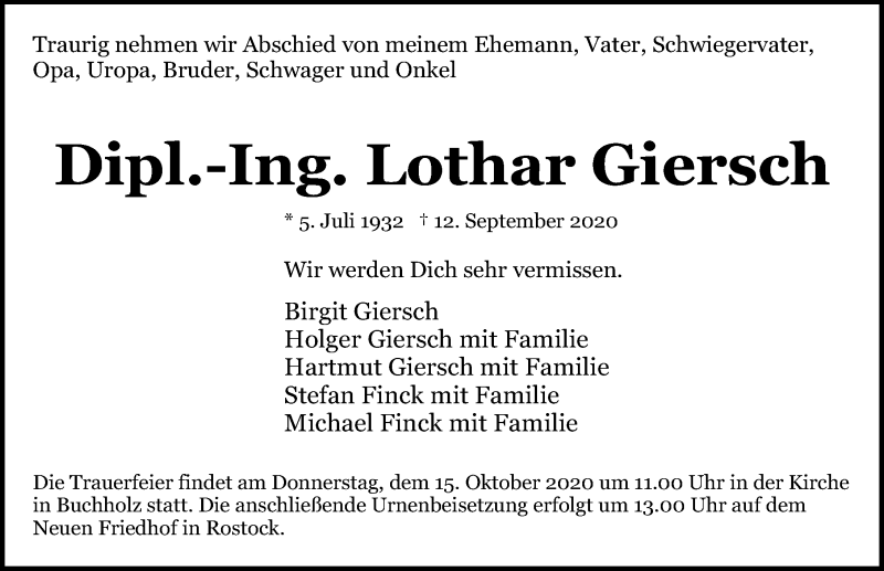  Traueranzeige für Lothar Giersch vom 26.09.2020 aus Ostsee-Zeitung GmbH
