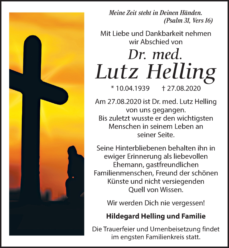  Traueranzeige für Lutz Helling vom 12.09.2020 aus Leipziger Volkszeitung