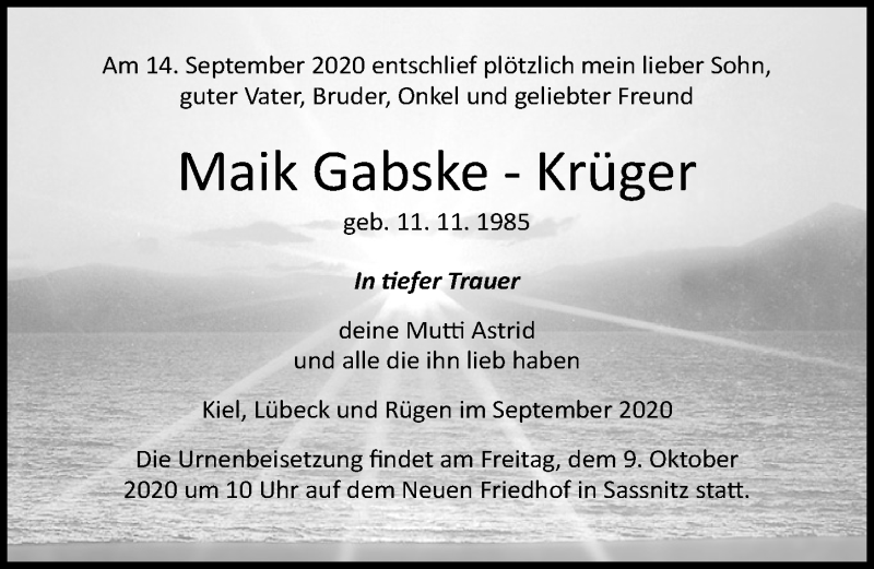  Traueranzeige für Maik Gabske-Krüger vom 26.09.2020 aus Ostsee-Zeitung GmbH