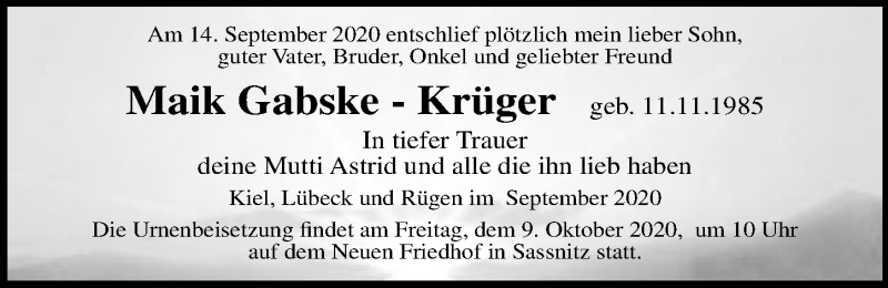  Traueranzeige für Maik Gabske-Krüger vom 26.09.2020 aus Lübecker Nachrichten