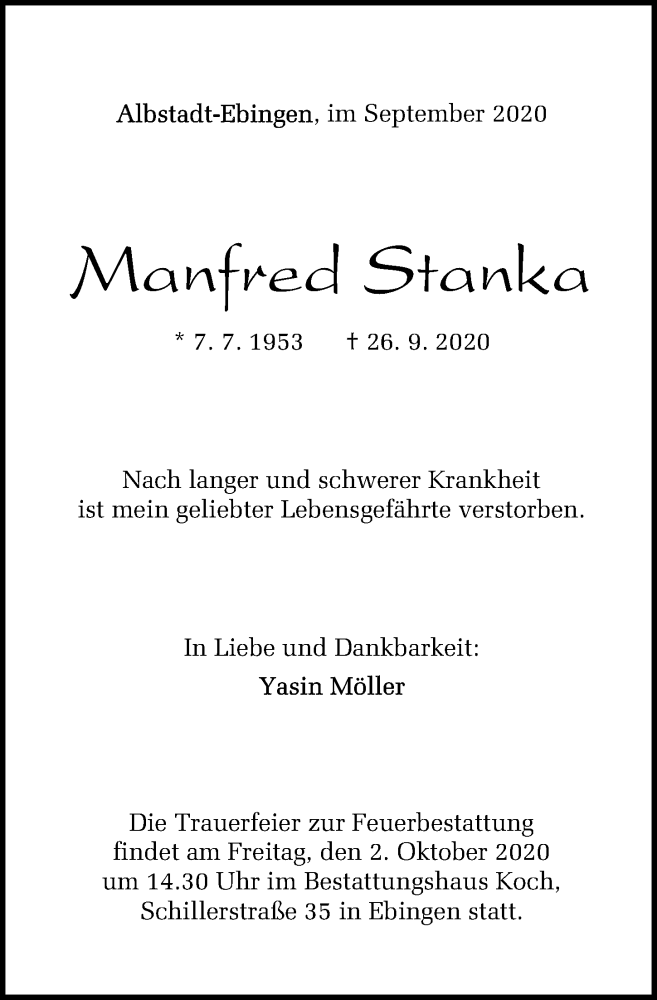  Traueranzeige für Manfred Stanka vom 30.09.2020 aus Ostsee-Zeitung GmbH