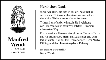 Traueranzeige von Manfred Wendt von Ostsee-Zeitung GmbH