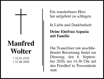 Traueranzeige von Manfred Wolter von Lübecker Nachrichten