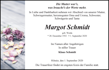 Traueranzeige von Margot Schmidt von Ostsee-Zeitung GmbH