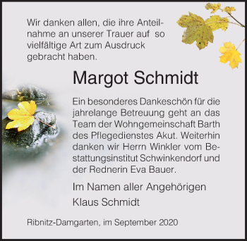 Traueranzeige von Margot Schmidt von Ostsee-Zeitung GmbH