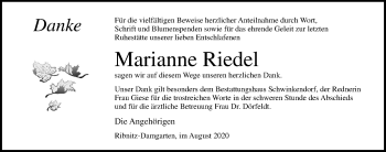 Traueranzeige von Marianne Riedel von Ostsee-Zeitung GmbH