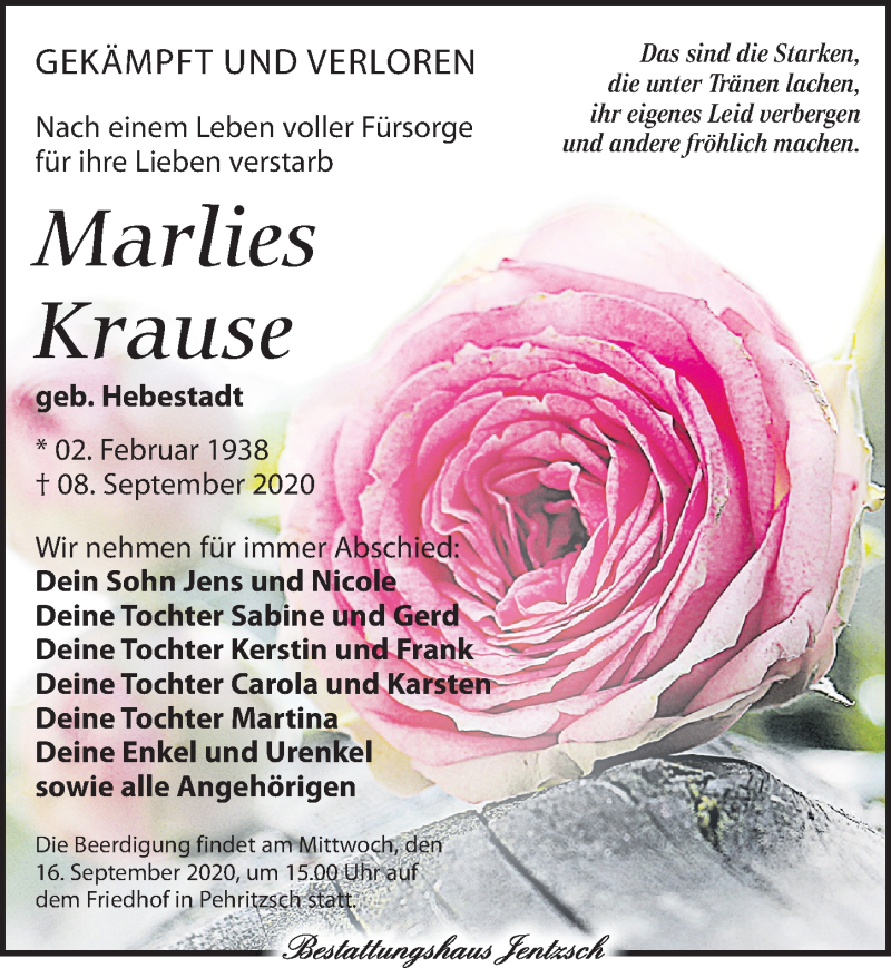  Traueranzeige für Marlies Krause vom 12.09.2020 aus Leipziger Volkszeitung