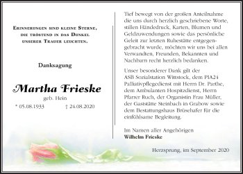 Traueranzeige von Martha Frieske von Märkischen Allgemeine Zeitung