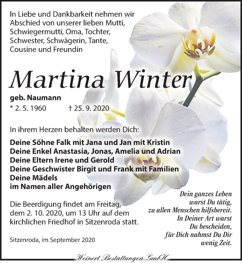  Traueranzeige für Martina Winter vom 29.09.2020 aus Torgauer Zeitung