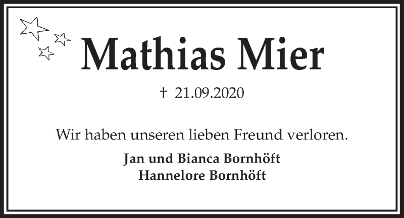  Traueranzeige für Mathias Mier vom 26.09.2020 aus Kieler Nachrichten