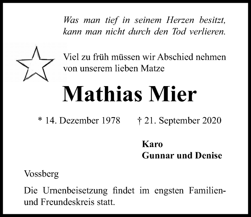 Traueranzeige für Mathias Mier vom 26.09.2020 aus Kieler Nachrichten
