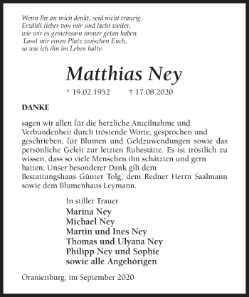Traueranzeige von Matthias Ney von Märkischen Allgemeine Zeitung