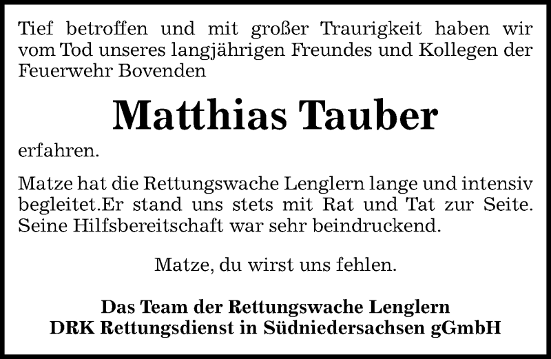  Traueranzeige für Matthias Tauber vom 09.09.2020 aus Göttinger Tageblatt