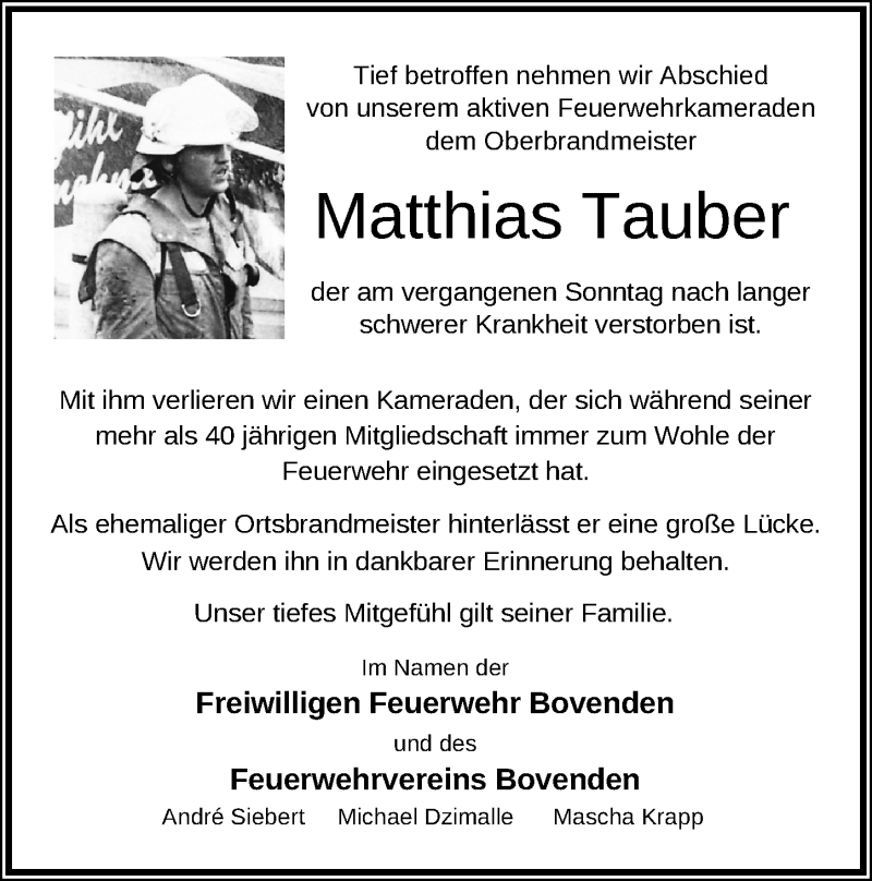  Traueranzeige für Matthias Tauber vom 09.09.2020 aus Göttinger Tageblatt