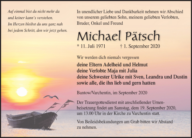  Traueranzeige für Michael Pätsch vom 12.09.2020 aus Ostsee-Zeitung GmbH