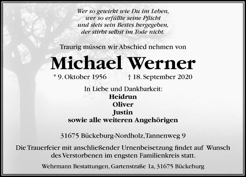  Traueranzeige für Michael Werner vom 26.09.2020 aus Schaumburger Nachrichten