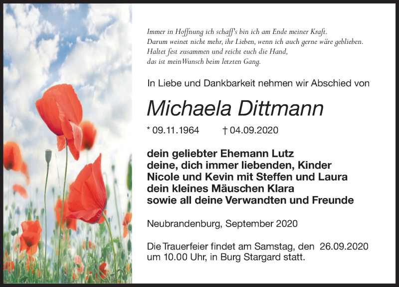  Traueranzeige für Michaela Dittmann vom 15.09.2020 aus Märkischen Allgemeine Zeitung
