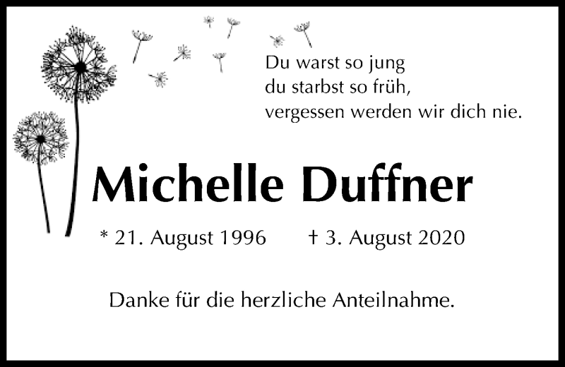  Traueranzeige für Michelle Duffner vom 12.09.2020 aus Kieler Nachrichten