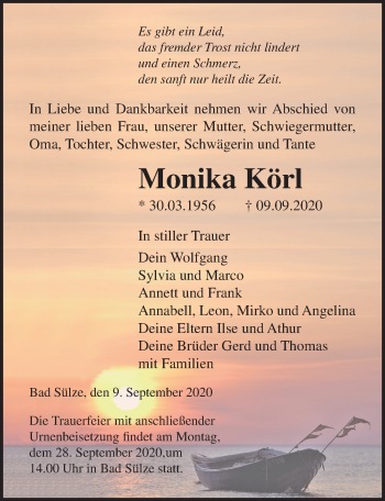 Traueranzeige von Monika Körl von Ostsee-Zeitung GmbH